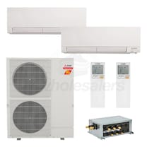 Mitsubishi Wall Mounted 2-Zone H2i System - 36,000 BTU Outdoor - 18k + 18k Indoor - 23.0 SEER